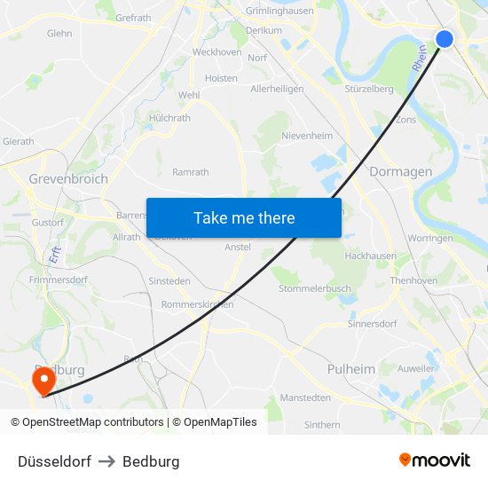 Düsseldorf to Bedburg map