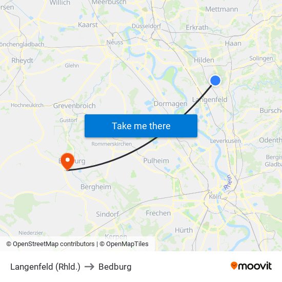 Langenfeld (Rhld.) to Bedburg map