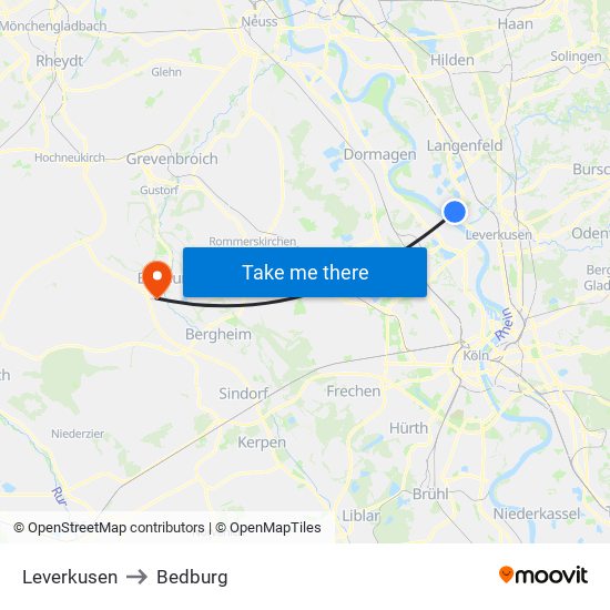 Leverkusen to Bedburg map