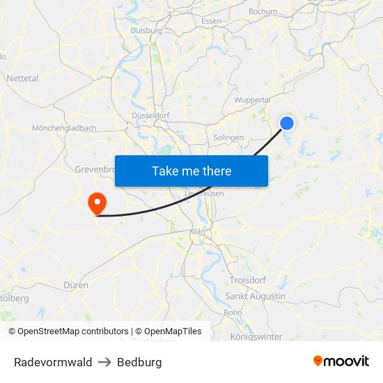 Radevormwald to Bedburg map