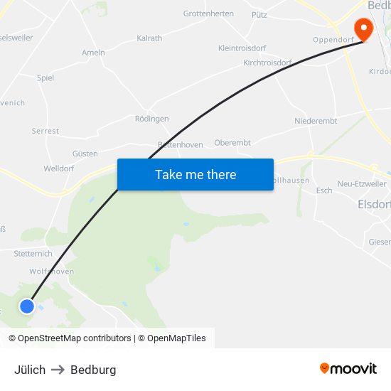 Jülich to Bedburg map