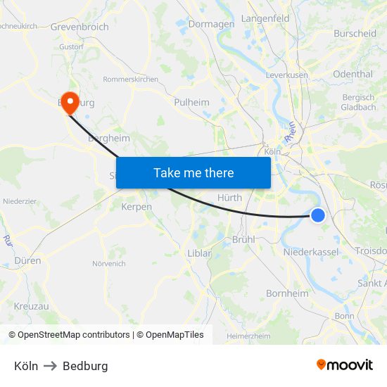 Köln to Bedburg map