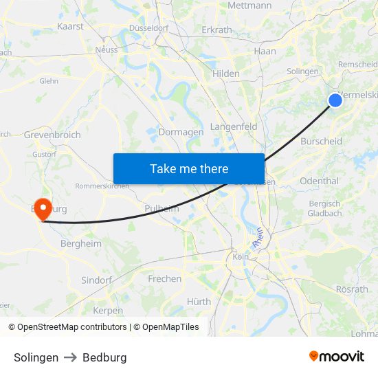 Solingen to Bedburg map