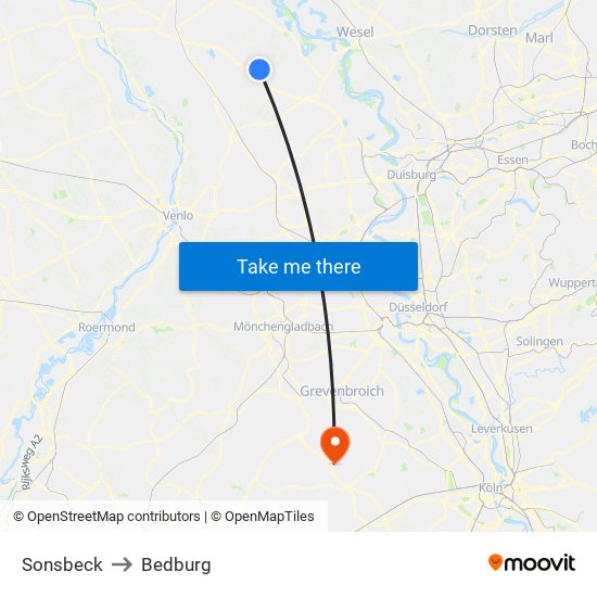 Sonsbeck to Bedburg map