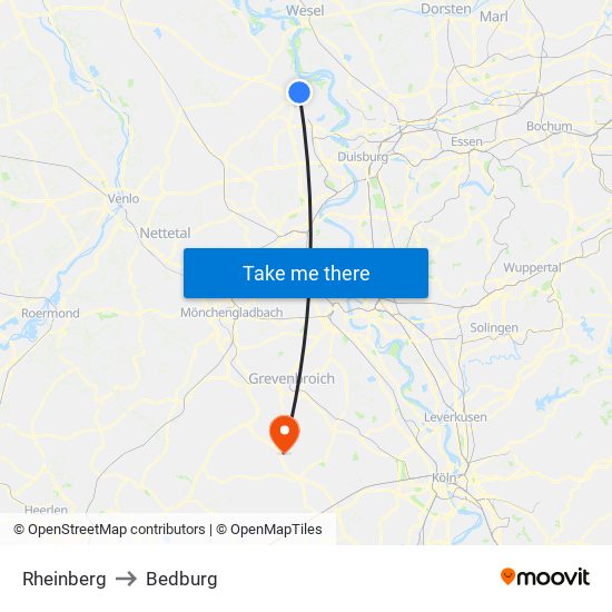 Rheinberg to Bedburg map