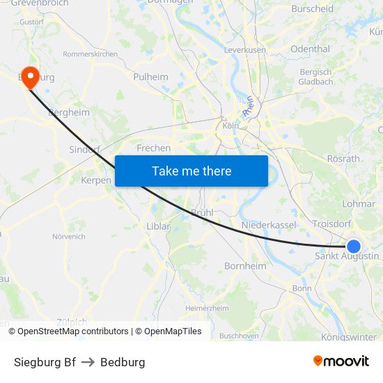 Siegburg Bf to Bedburg map