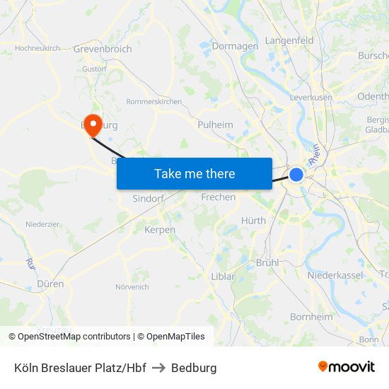 Köln Breslauer Platz/Hbf to Bedburg map
