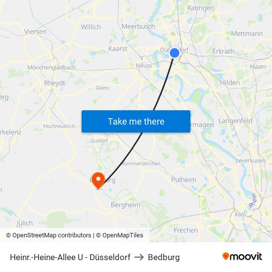 Heinr.-Heine-Allee U - Düsseldorf to Bedburg map