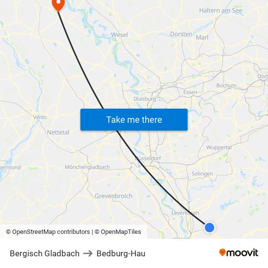 Bergisch Gladbach to Bedburg-Hau map