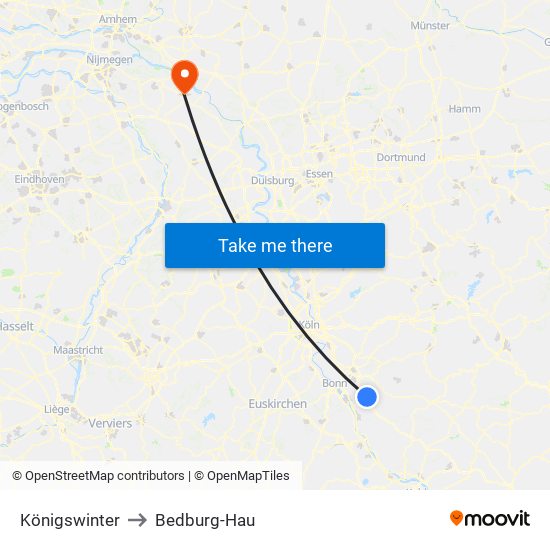 Königswinter to Bedburg-Hau map