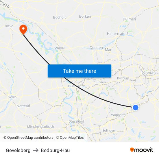 Gevelsberg to Bedburg-Hau map