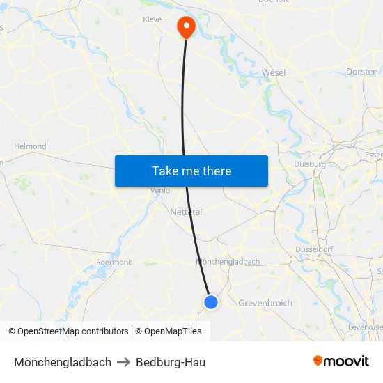 Mönchengladbach to Bedburg-Hau map