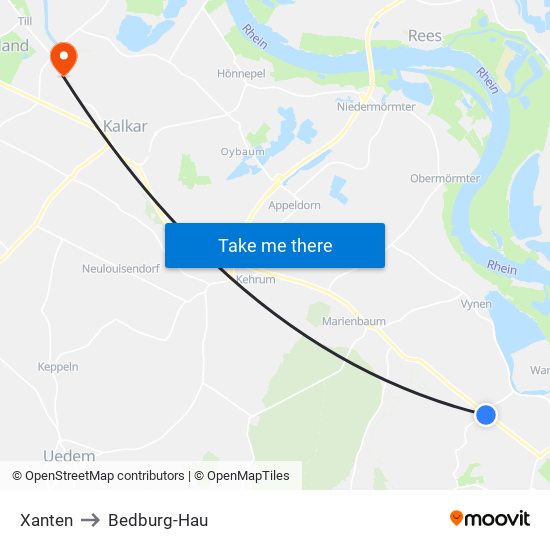 Xanten to Bedburg-Hau map