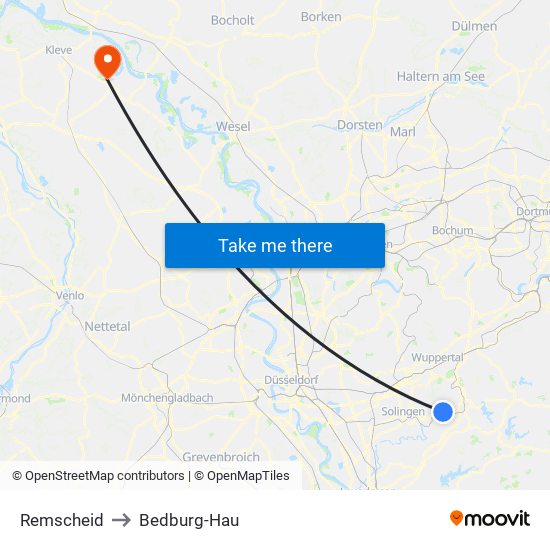 Remscheid to Bedburg-Hau map