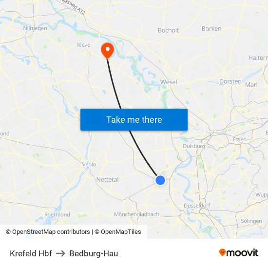 Krefeld Hbf to Bedburg-Hau map