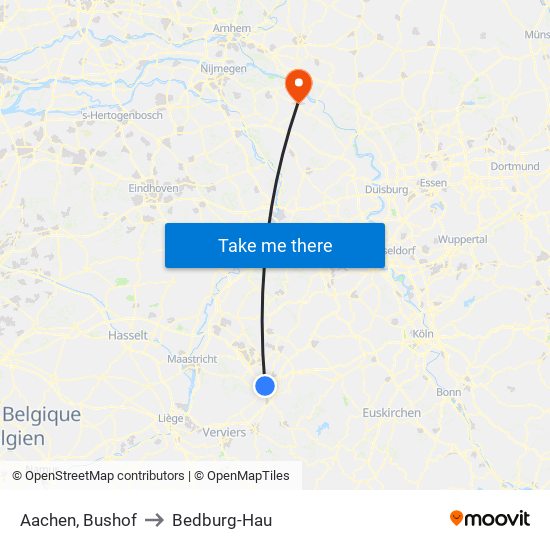Aachen, Bushof to Bedburg-Hau map