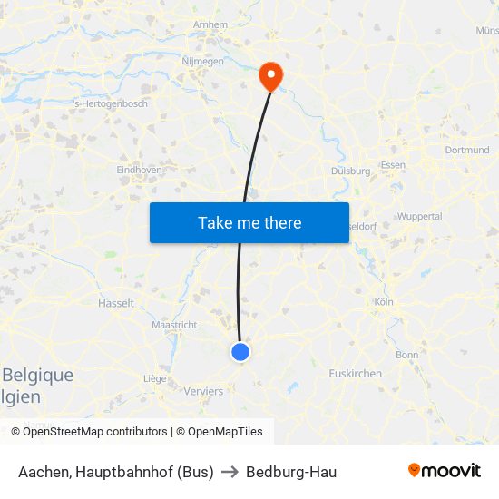 Aachen, Hauptbahnhof (Bus) to Bedburg-Hau map