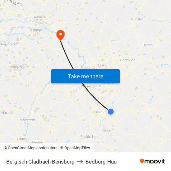 Bergisch Gladbach Bensberg to Bedburg-Hau map