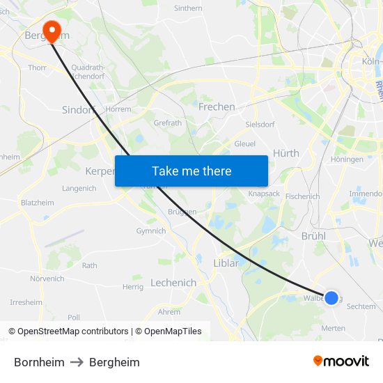 Bornheim to Bergheim map