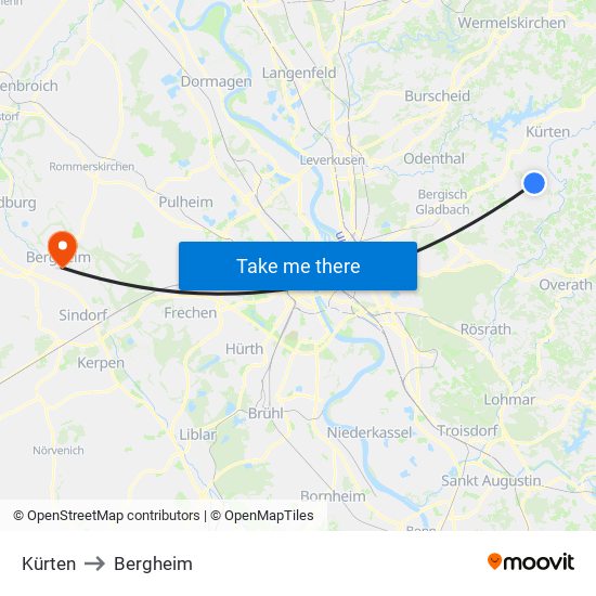 Kürten to Bergheim map