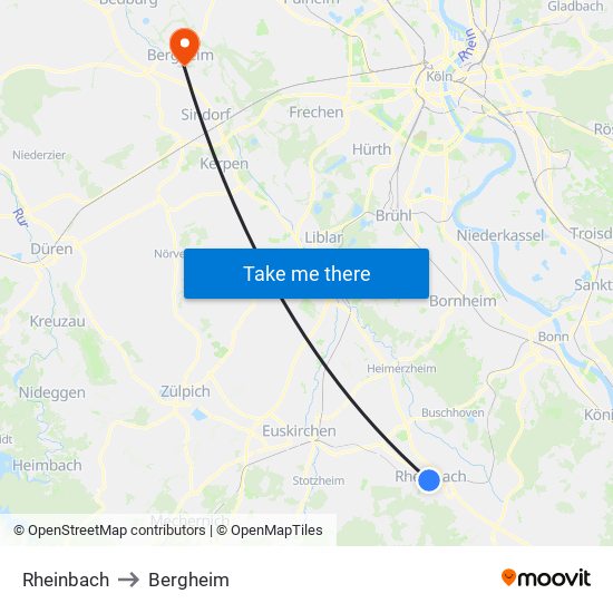 Rheinbach to Bergheim map