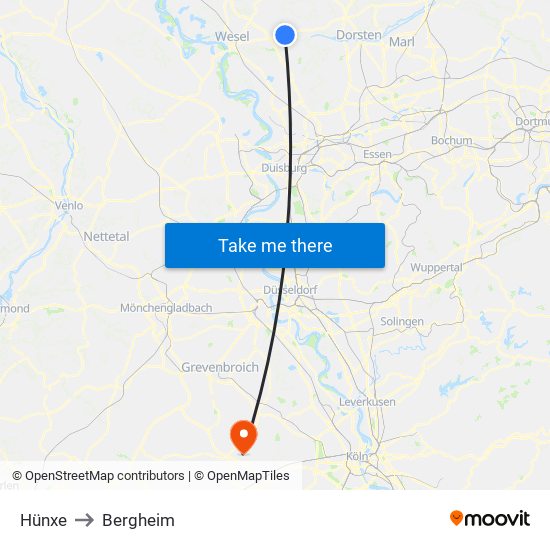 Hünxe to Bergheim map