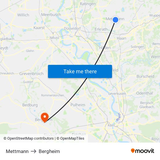 Mettmann to Bergheim map