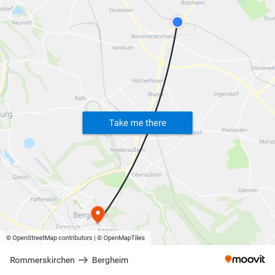 Rommerskirchen to Bergheim map