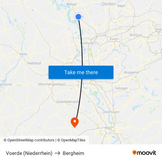 Voerde (Niederrhein) to Bergheim map