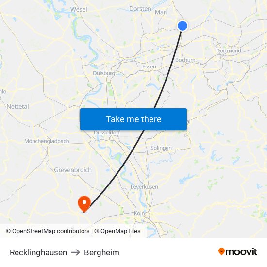 Recklinghausen to Bergheim map