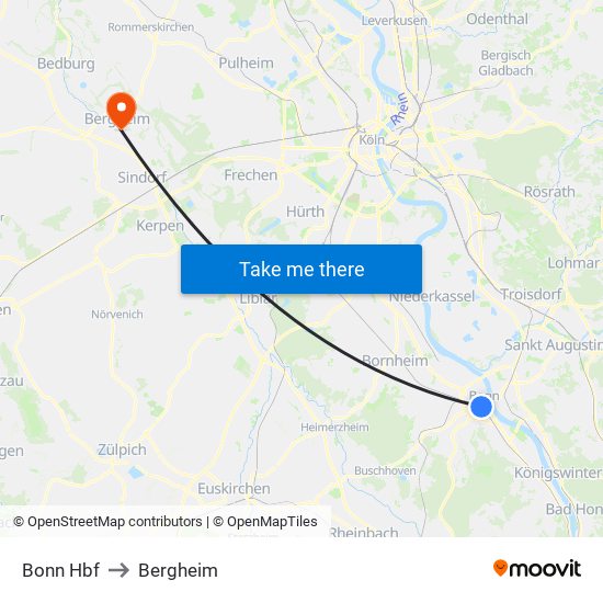 Bonn Hbf to Bergheim map