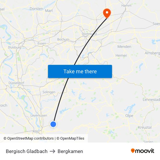 Bergisch Gladbach to Bergkamen map