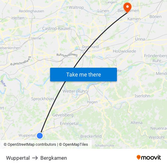 Wuppertal to Bergkamen map