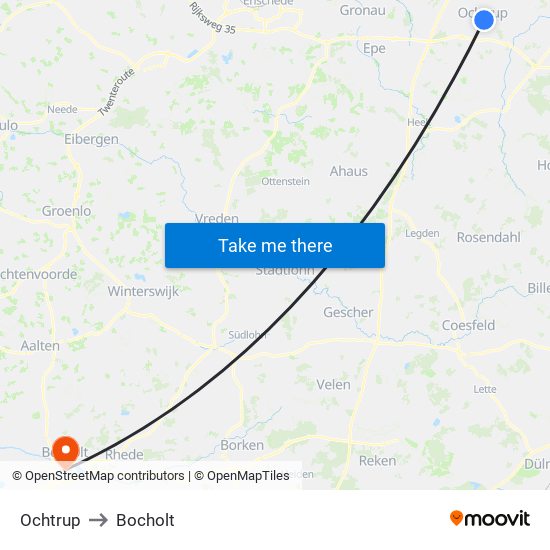 Ochtrup to Bocholt map