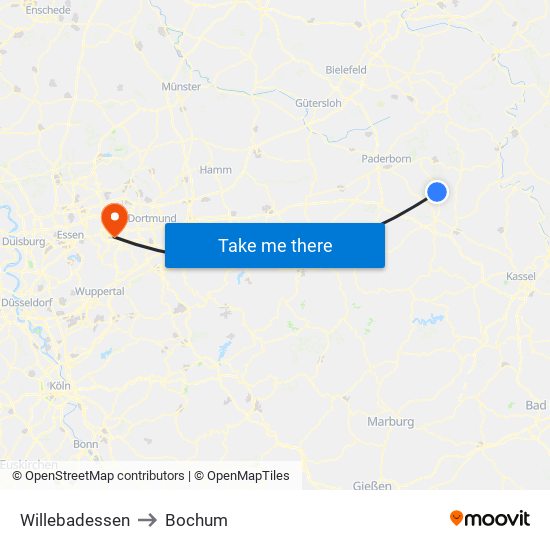 Willebadessen to Bochum map