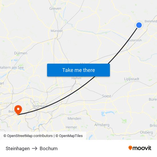 Steinhagen to Bochum map