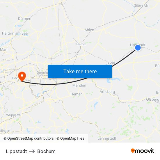 Lippstadt to Bochum map