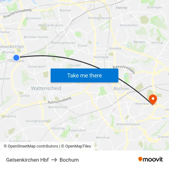 Gelsenkirchen Hbf to Bochum map