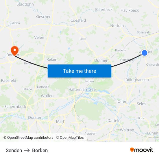 Senden to Borken map