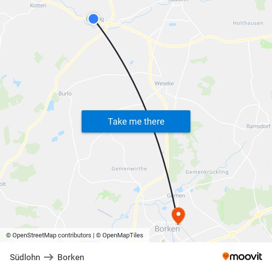 Südlohn to Borken map