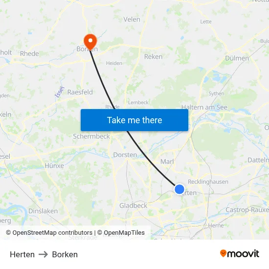 Herten to Borken map
