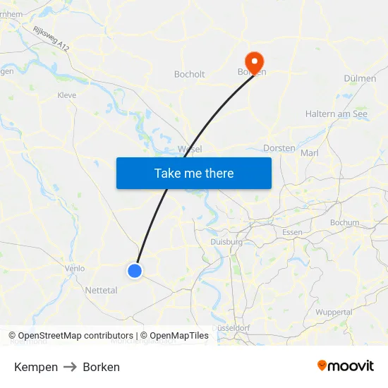 Kempen to Borken map