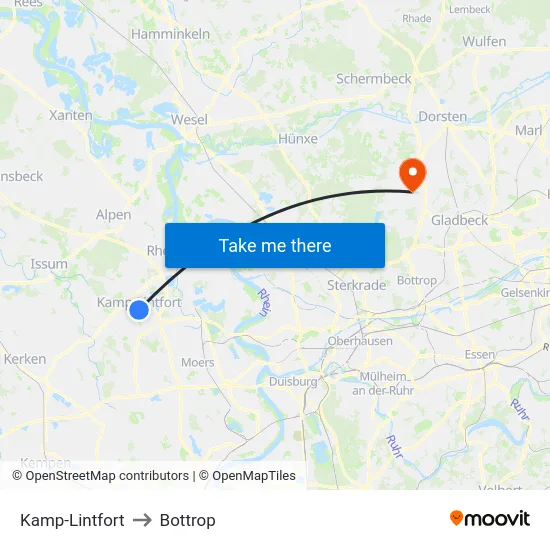 Kamp-Lintfort to Bottrop map