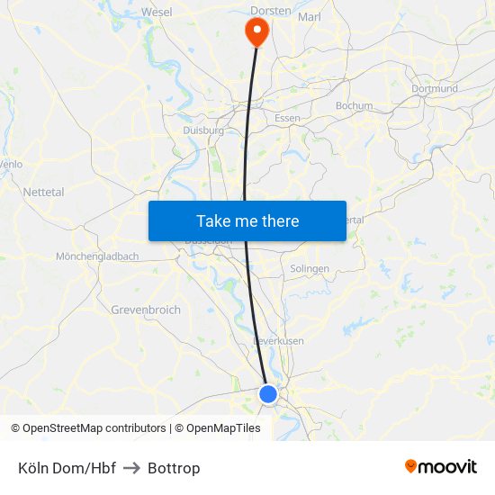 Köln Dom/Hbf to Bottrop map