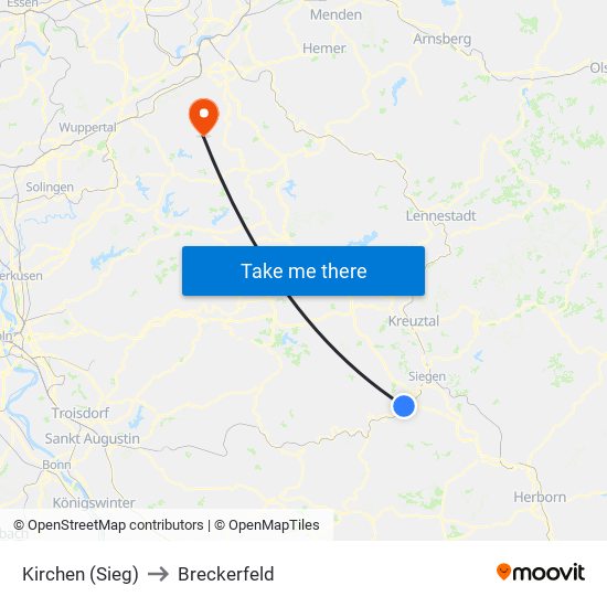 Kirchen (Sieg) to Breckerfeld map