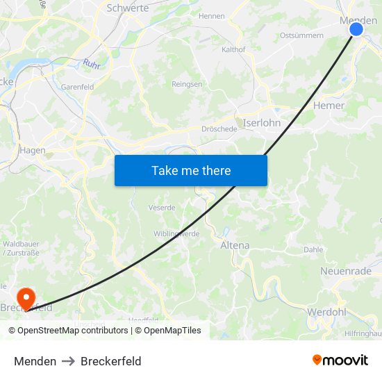 Menden to Breckerfeld map