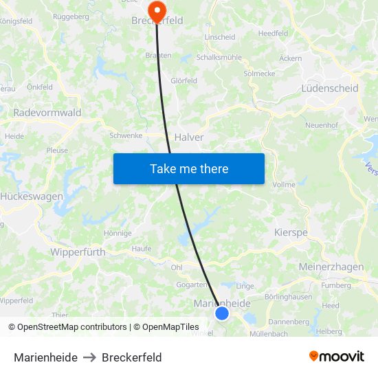 Marienheide to Breckerfeld map