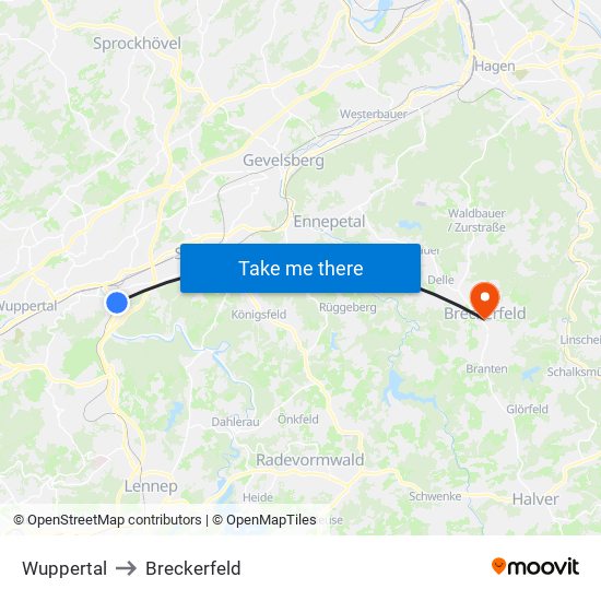 Wuppertal to Breckerfeld map