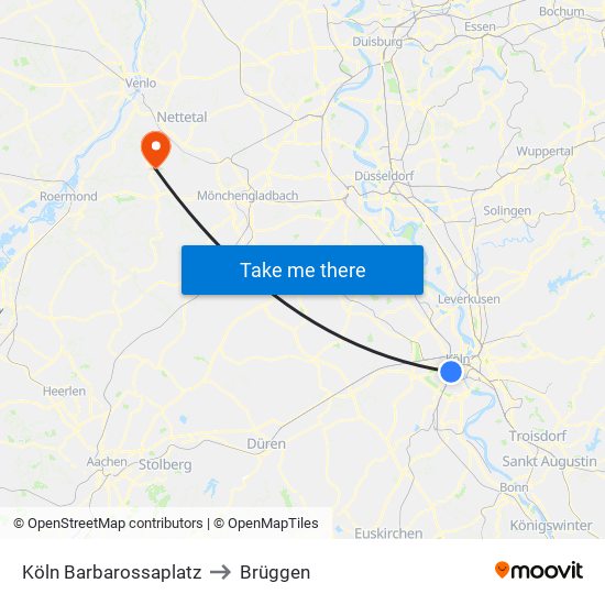 Köln Barbarossaplatz to Brüggen map