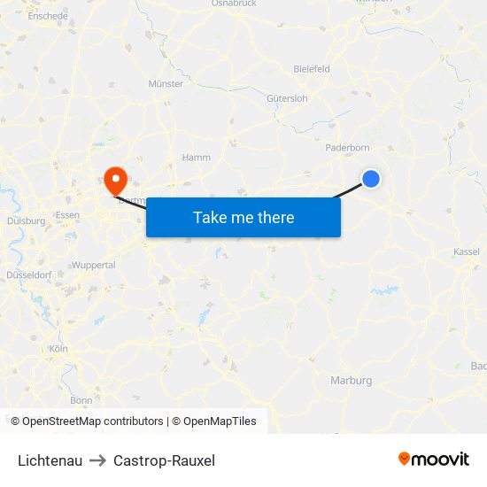 Lichtenau to Castrop-Rauxel map